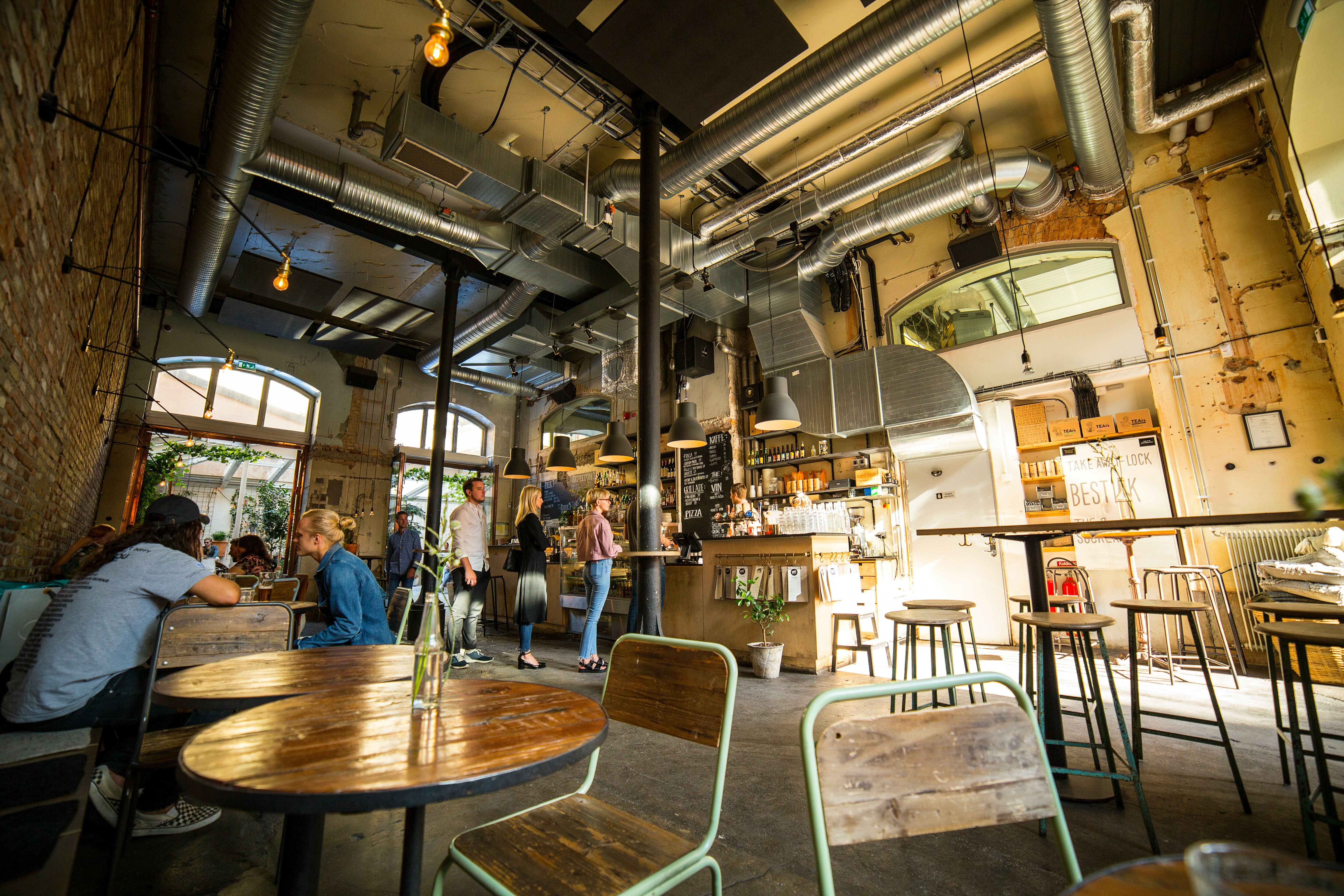 Cozy, bright restaurant with guests